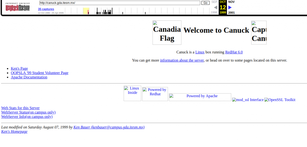 Image of an Internet Archive save of my old web page at https://web.archive.org/web/19991012011447/http://canuck.gda.itesm.mx/