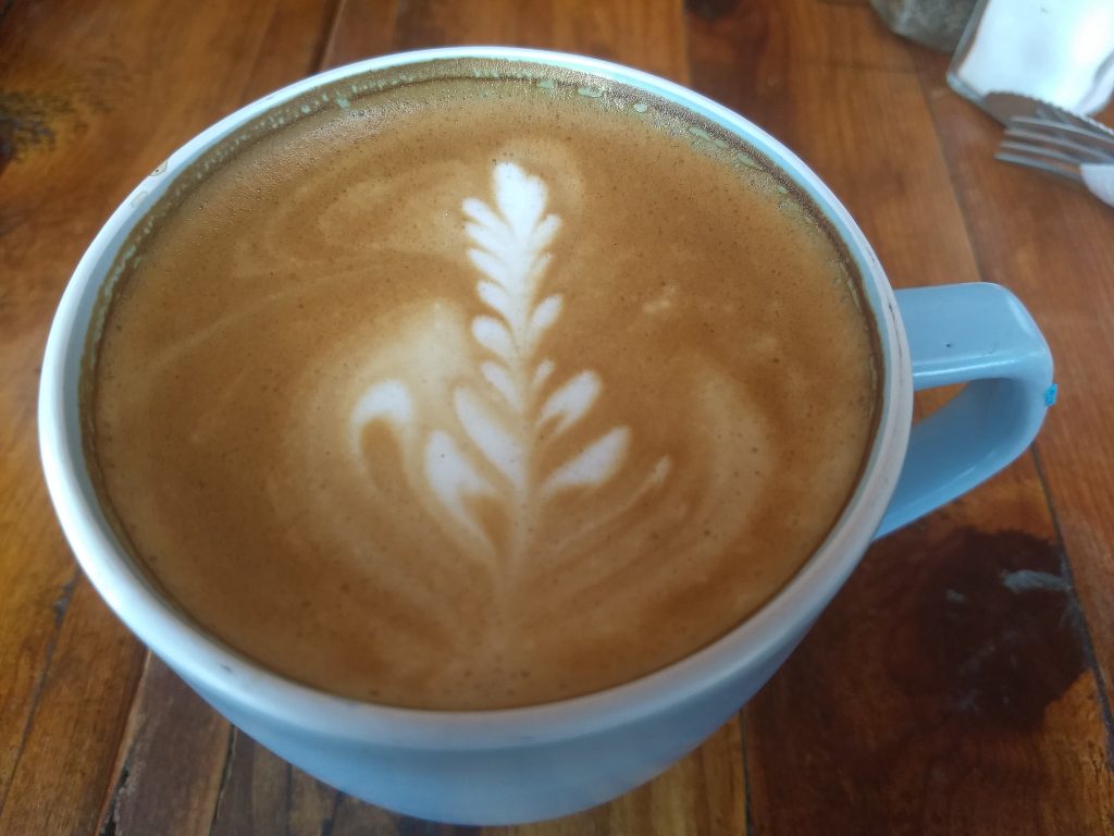 Picture of mocha coffee with steamed milk design.