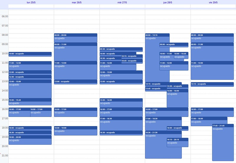My schedule (details hidden) for May 25 to May 29, 2020