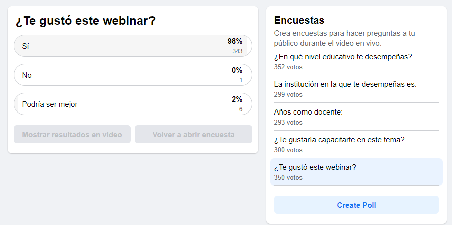 survey results from a question at my webinar "¿Te gustó este webinar?"