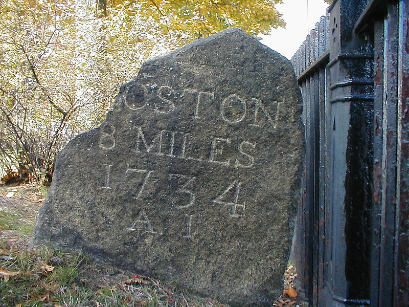 "Boston 8 Miles, 1734", A nearby plaque says that this milestone dates to 1734.