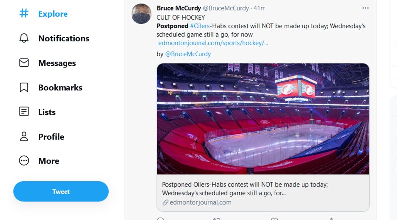A Bruce McCurdy tweet about the #Oilers #Canadiens game being postponed.