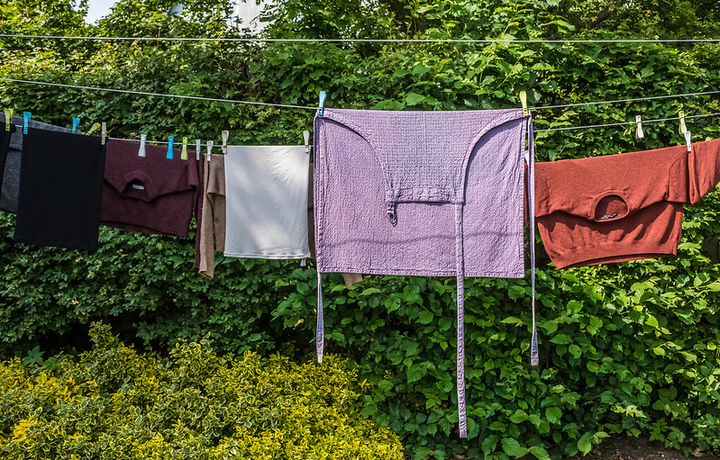 Some colourful laundry hanging from two lines with green bushes in the background.