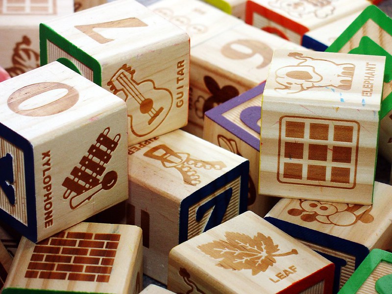 Classic wood blocks with pictures, numbers, and letters.