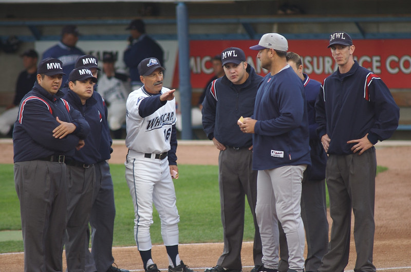 Coaches and umpires discussing the baseball ground rules.