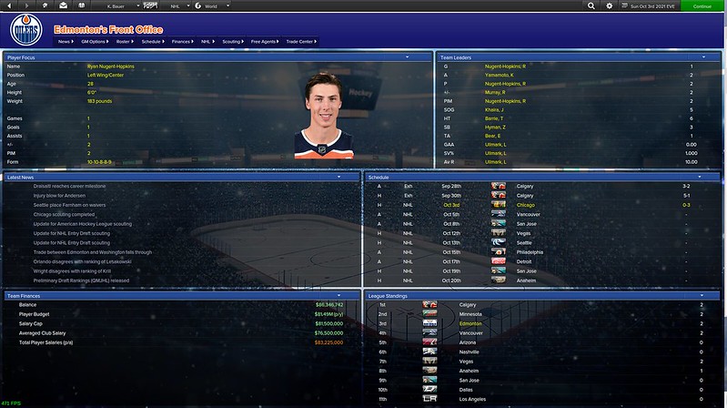 Screenshot from Eastside Hockey Manager 1.5. Manager's "Front Office" main page with a picture of Ryan Nugent-Hopkins visible.
