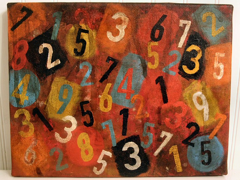   Acrylics on canvas painting with single digit numbers with a colorful background. 
