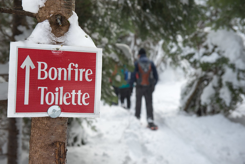 A sign that reads "Bonfire" and below that "Toilette" on a tree. A hiker and other trees surronding but out of focus with a shallow depth of field on the sign.