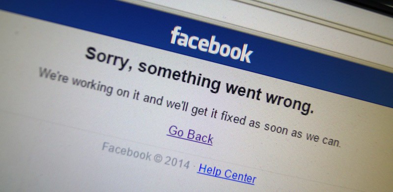 Screenshot from 2014 of Facebook being down. "Sorry, something went wrong. We're working on it and we'll get it fixed as soon as we can."